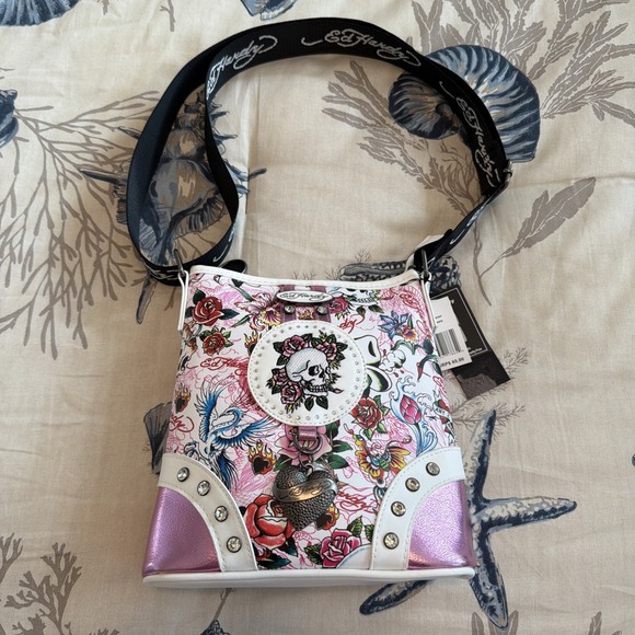 Ed Hardy Handbags - NWT Ed Hardy Y2K Style Pink Skull & Rhinestone Crossbody Bag Vegan‎ Leather